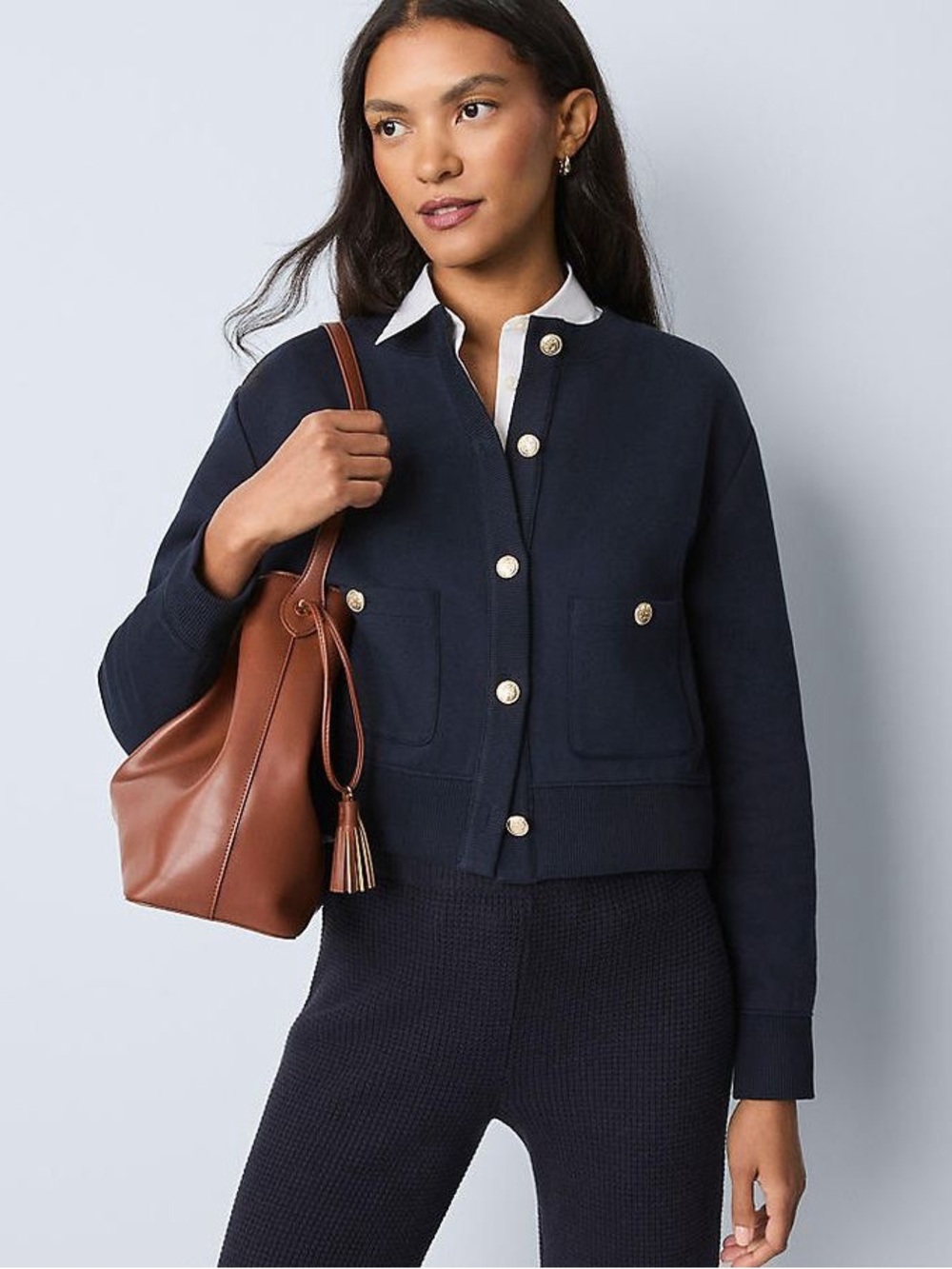 Ann Taylor Weekend Collection XS navy patch pocket jacket